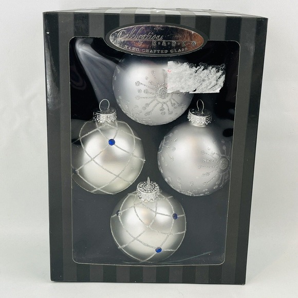 Celebrations by Radko Ball Christmas Ornament Set of 4 Silver Glitter Rhinestone - Picture 1 of 7